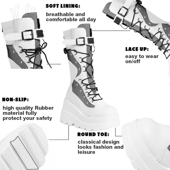 Women's Mid Calf Chunky Wedge Heel Rave Combat Lace Up Zipper Round White Boot - Picture 2 of 6